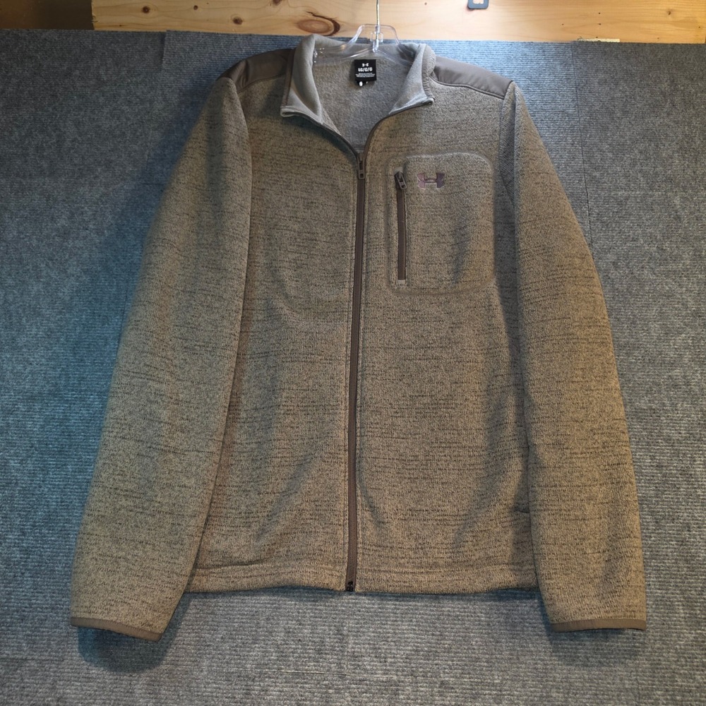 Under Armour Fleece Jacket Mens Large Brown Full Zip Sweater Mock Neck 1350269